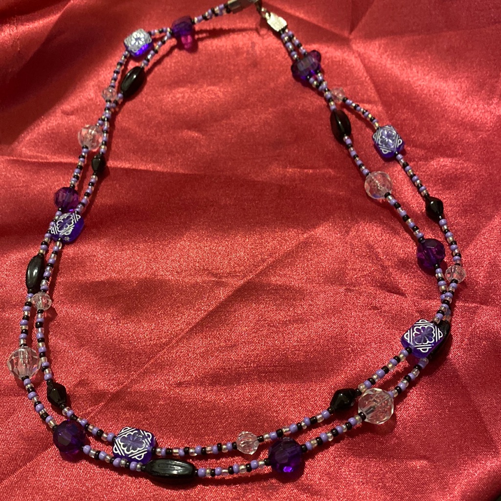 Purple/ White Hand Beaded Necklace